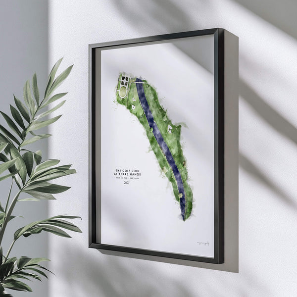 Framed map of a Adare Manor golf gift on a white wall with a plant to the left.