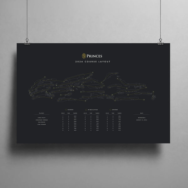 Full Princes Golf Club course map print in a black frame, personalized with a name and date