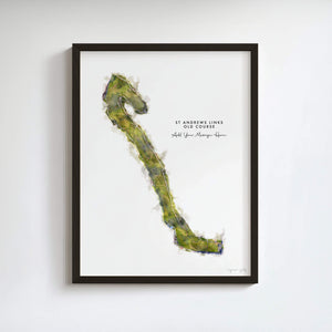 Framed artwork of a St Andrews Links Old Course layout on a white wall