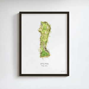 Royal Troon Golf Gift - Print of Hole 8 'Postage Stamp' golf art print in a black frame