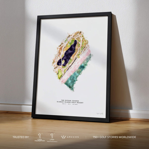 Kiawah Island Ocean Course Hole 17 personalized golf print displayed framed on a wall