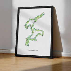 Mymo personalized golf art print of Landmand Golf Club in a black wood frame