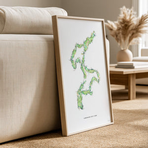 Mymo personalized golf art print of Landmand Golf Club framed and displayed on a wall