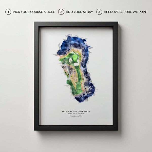 Personalized golf hole print framed and displayed on a wall