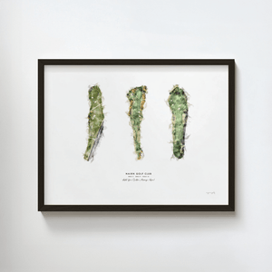 Nairn Golf Gift - Print of Holes 3, 9 and 14 golf art print in a black frame