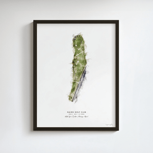 Nairn Golf Gift - Print of Hole 3 'Nest' golf art print in a black frame