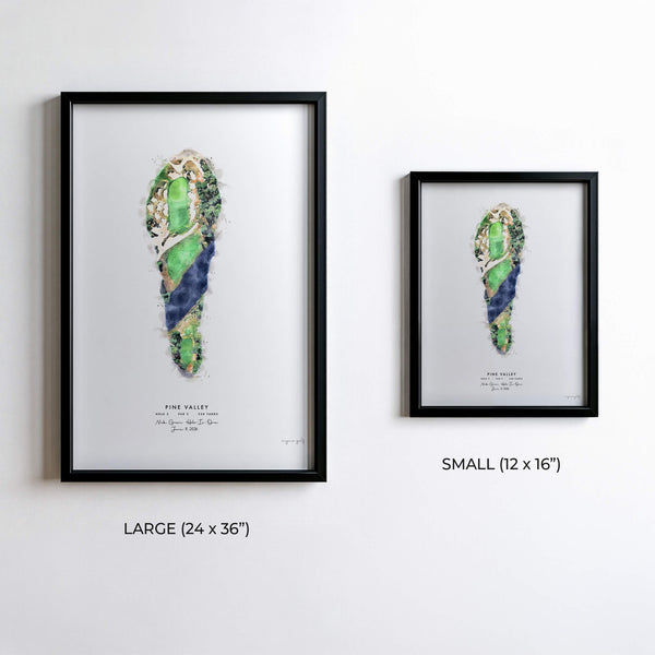 Golf hole art print size comparison, 12x16 and 24x36 inch frames
