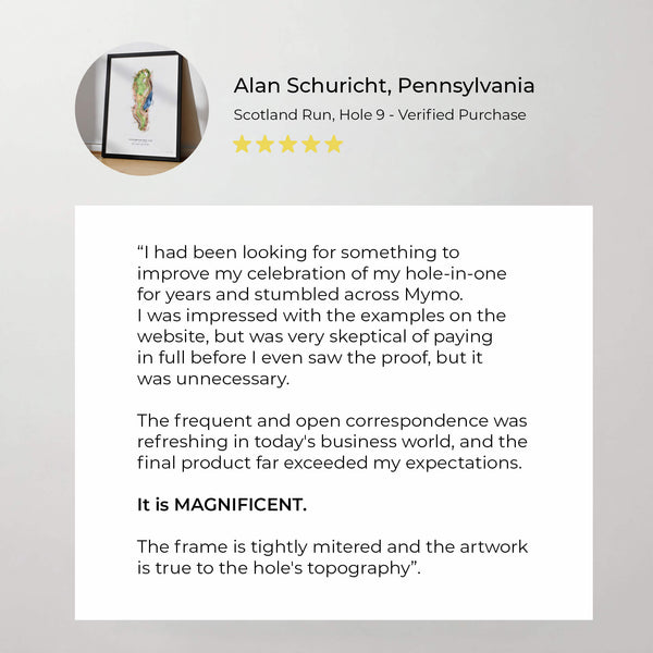 Customer review quote for a personalized Mymo golf art print