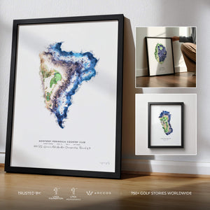 Custom golf artwork print of a personalized golf hole, watercolor style. Created by Mymo Golf.