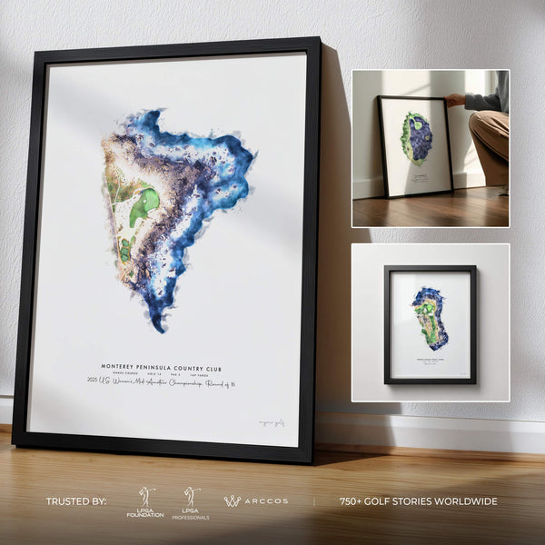 Custom golf artwork print of a personalized golf hole, watercolor style. Created by Mymo Golf.