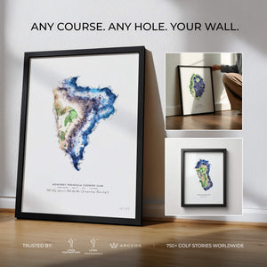 Custom golf artwork print of a personalized golf hole, watercolour style